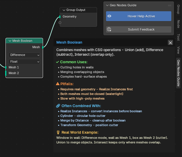 Geo Nodes Guide addon showing instant hover documentation inside Blender